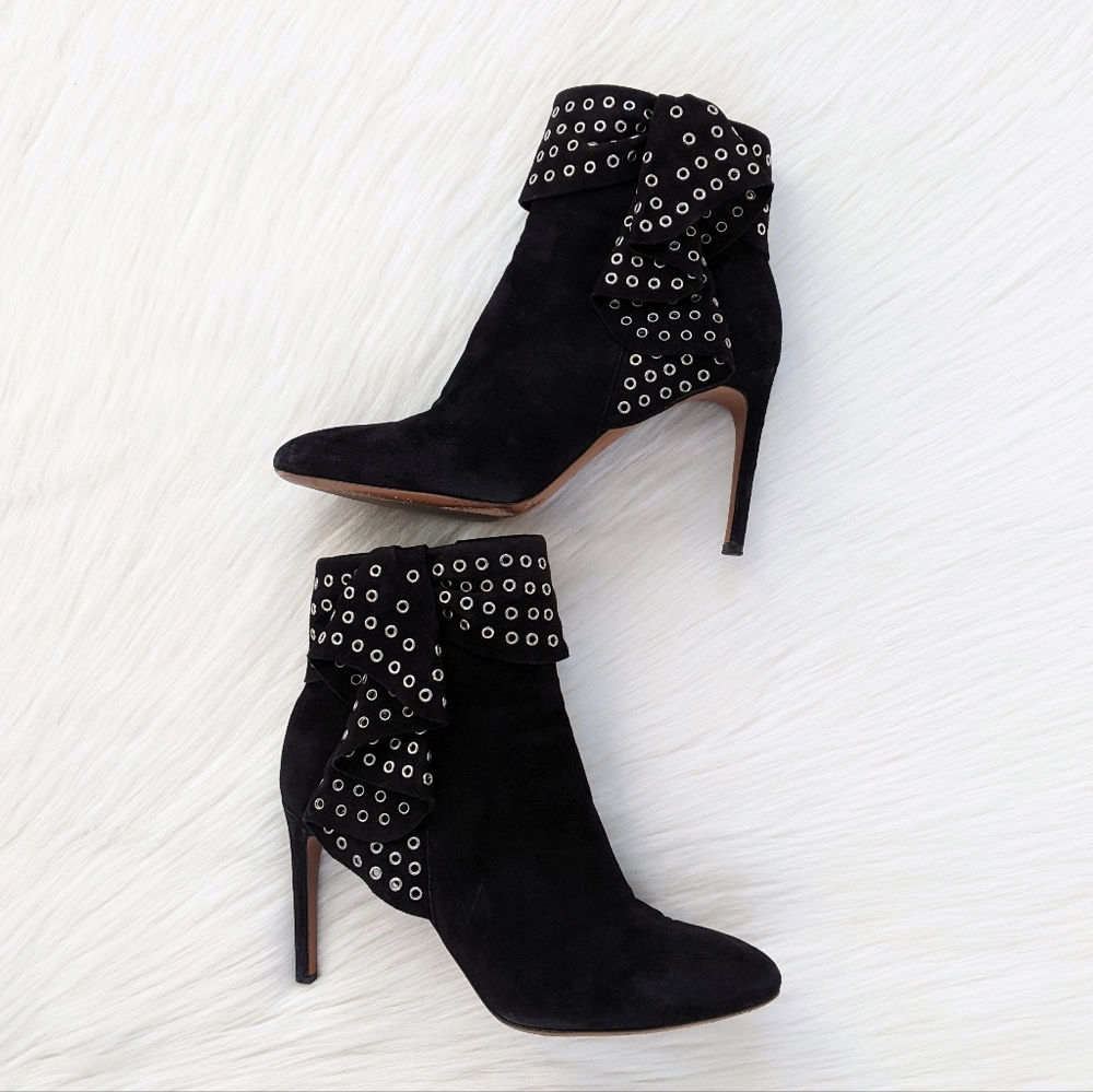Alaïa Black Suede Grommet Embellished Ruffled Ankle Boots | Size 38.5 - Picture 3 of 16
